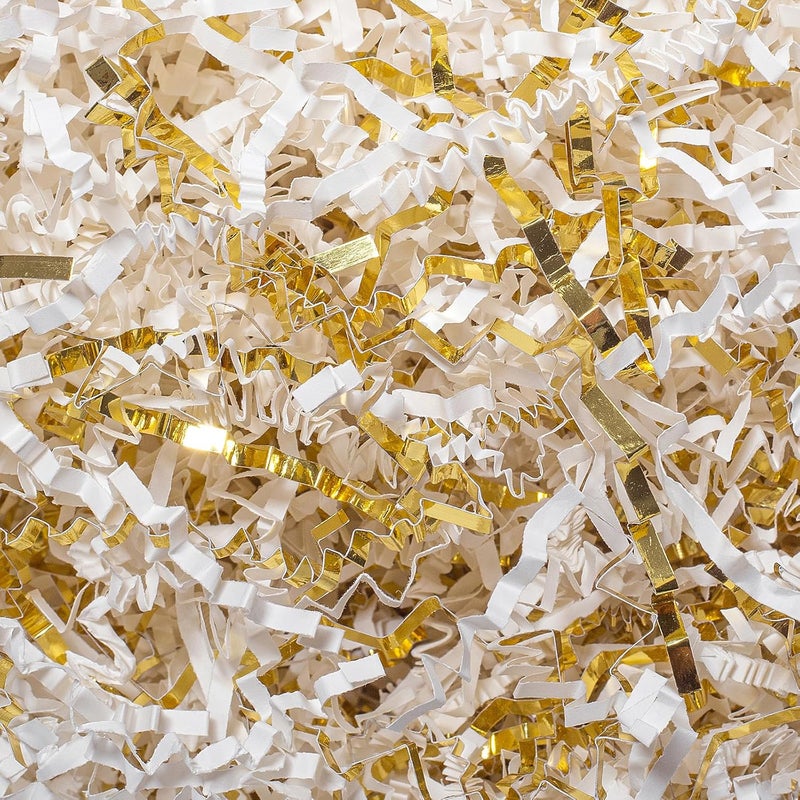 Mefleet 1/2 LB Crinkle Cut Paper Shred Filler 8 oz White & Gold Crinkle Shredded Paper for Gift Box - Gift Basket Bag Filler - Grass Cushion Stuffing for Easter, Mother's day, Birthday Packaging Wrapping - Image 1